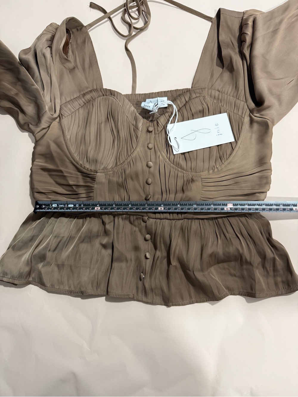 Joie Silk Blend Peplum Blouse Taupe Ruched Puff Sleeve Top S NWT - Picture 9 of 10